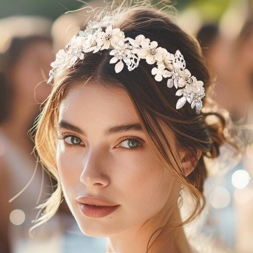 CASDRE Flower Wedding Headband Silver Pearl Bridal Headpiece Prom Leaf Hair Hoop Hair Accessories for Women and Brides (Silver, One Size)