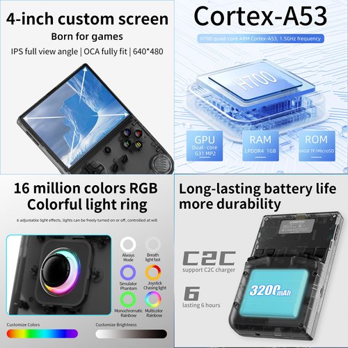RG40XX V Handheld Game Consoles RG40XXV Retro Game Console Built-in 64G TF Card RG 40XXV Portable Gaming Console Linux 64-bit System Supports WiFi Bluetooth HD and TV Output Black