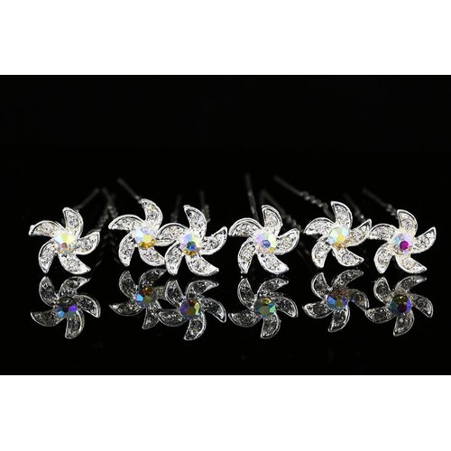 Set of 6 Pinwheel Flower Hair Pins - AB Crystals Silver Plated H101