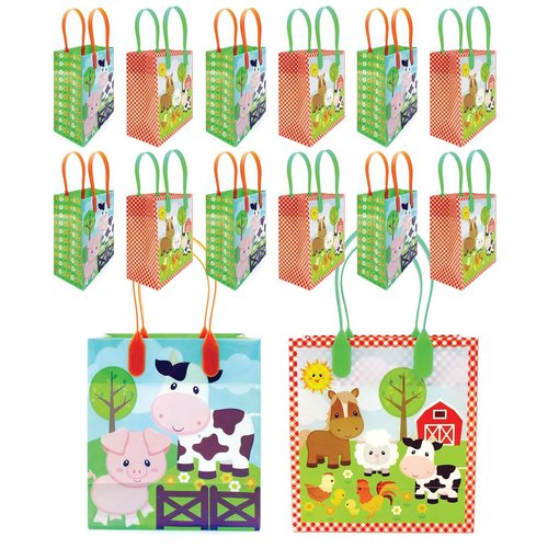 Tiny Mills Barnyard Farm Animals Party Favor Treat Bags with Handles, Farm Animal for Toddler Birthday Party Candy Bags Tractor Birthday Party Supplies Pack of 12