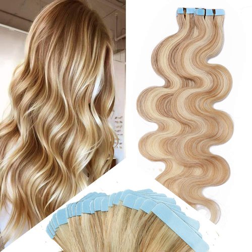 Hairro 14 Inch Tape in Human Hair Extensions Body Wave 20pcs 40g/pack Highlight #18/613 Ash Blonde Mix Bleach Blonde Seamless Skin Weft Glue in Hairpieces Balayage Invisible Double Sided Tape