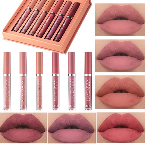 Fasurid Lipstick for Women, Liquid Matte Makeup Set, 6Pcs Long-Lasting Wear Non-Stick Cup Not Fade Waterproof Velvet Lip Gloss Kit, Lip Makeup Gift Sets for Girls Mothers Nude Color