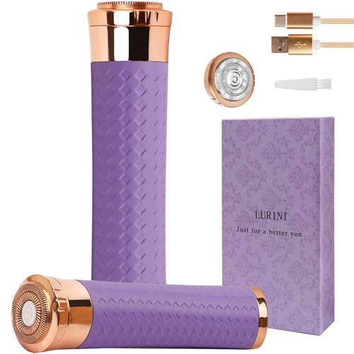 Lurini Facial Hair Remover for Women, Painless Rechargeable Hair Removal Device, Comes with 2 Replacement Heads, Portable Electric Shaver/Razor for Face, Chin, Upper Lip, arms and Peach Fuzz (Purple)