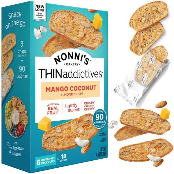 Nonni's THINaddictives Almond Thin Cookies - Mango & Coconut Biscotti Italian Cookie Thins - Sweet Crunchy & Chewy Almond Cookies - Biscotti Individually Wrapped Cookies - Kosher Coffee Cookies 4.4 oz