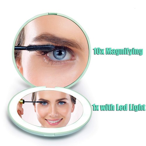 wobsion LED Lighted Travel Makeup Mirror, 1x/10x Magnification, Compact, Portable for Handbag, Purse, Pocket, 3.5 inch Illuminated, Folding, Handheld, 2-Sided , Round, Cyan
