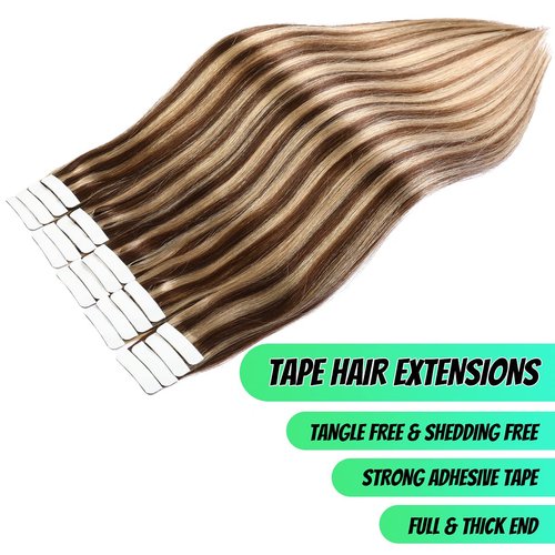VINBAO Tape In Hair Extensions Human Hair Color Dark Brown #4 Highlights #27 Caramel Blonde Tape In Hair Extensions Real Human Hair Extensions Tape In Silky Straight 20pcs/50g (20inch, 4P27)