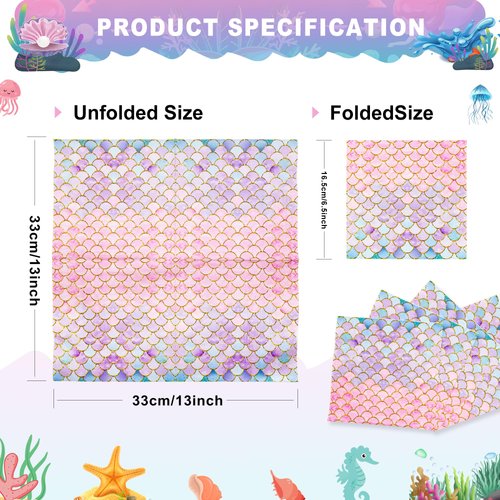 LMJUNZZ 120 Pcs Mermaid Scale Party Napkins Mermaid Birthday Party Disposable Paper Napkins for Girls' Birthday Party Supplies Decoration Set