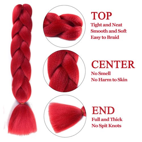 Royota Jumbo Braiding Hair Red Hair Extensions 3 Pack 24 Inch for Braid Hair High Temperature Synthetic Colored Hair Extensions For Braiding(3 Packs 24", Red)