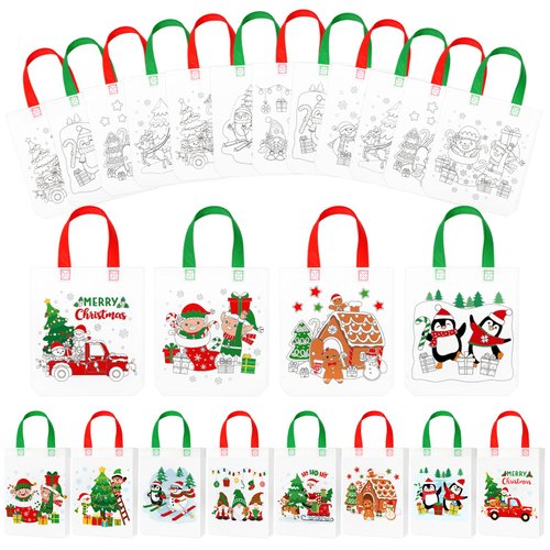 Kajaia 24 Pieces Christmas Coloring Bags Reusable Xmas Color Your Own Gift Bags Non Woven Goodie Candy Treat Bags for Boys Girls Winter Holiday Party Favors Packing Supplies