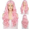 Ebingoo 26 Inch Pink Lace Front Wig for Women + Wig Cap Long Pink Wig Lace Front Long Wavy Middle Part Wig Natural Curly Wig Synthetic Hair for Daily Wear