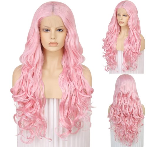 Ebingoo 26 Inch Pink Lace Front Wig for Women + Wig Cap Long Pink Wig Lace Front Long Wavy Middle...