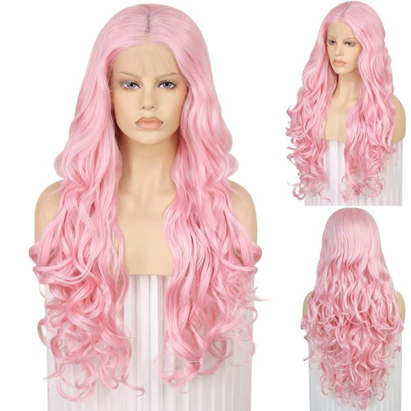 Ebingoo 26 Inch Pink Lace Front Wig for Women + Wig Cap Long Pink Wig Lace Front Long Wavy Middle Part Wig Natural Curly Wig Synthetic Hair for Daily Wear