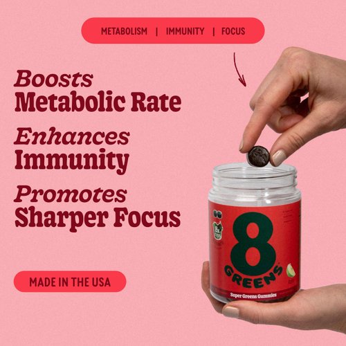 8Greens Supergreens Gummies | Super Greens Powder Superfood Gummy for Metabolism, Immunity & Focus, Digestive Health Enzymes, Organic: Chlorella, Spirulina, Aloe Vera, Apple Flavor, 100 Count