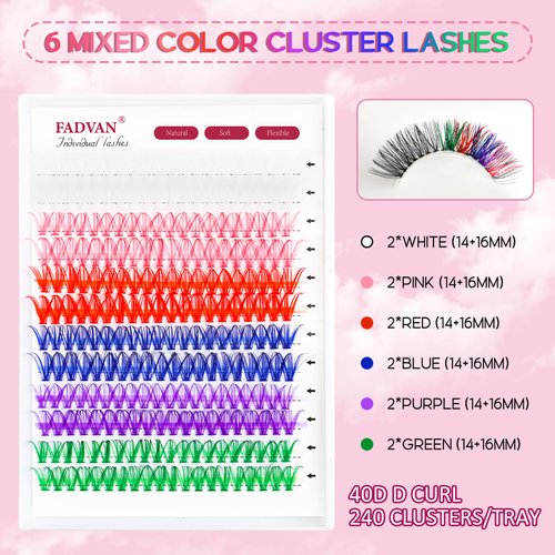 FADVAN Colored Lash Clusters 240Pcs Individual Lashes D Curl 14mm/16mm Colored Cluster Lashes 40D Colorful Eyelash Clusters 6 Colors Fluffy Wispy DIY Lash Extensions Clusters at Home (14MM+16MM Mixed)