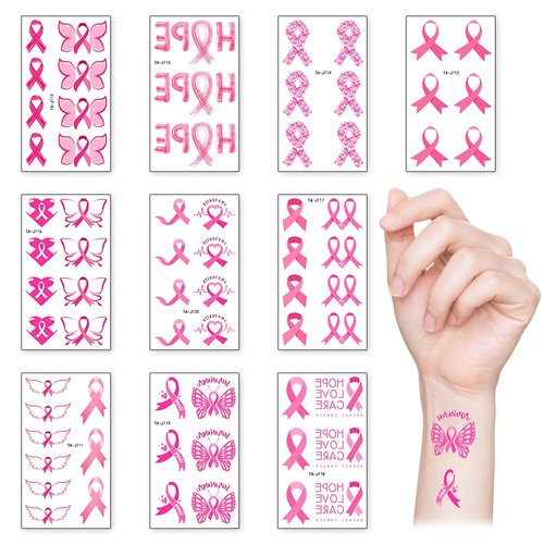 10 Sheets Breast Cancer Awareness Temporary Tattoos Pink Ribbons Temporary Tattoos Breast Cancer Fake Tattoos for Women Fundraising Breast Cancer Charity Events Survivor Campaign Party Favor Supplies