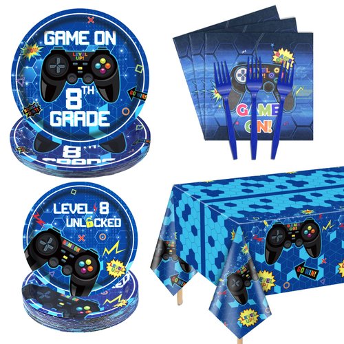 81 Pcs Video Game Party Supplies - 8th Birthday Video Game Party Decor Dinner Plates Napkins Video Game Tablecloth Forks Gaming Party Pack for Kid Boy 8th Birthday Party, Serves 20 (8th)