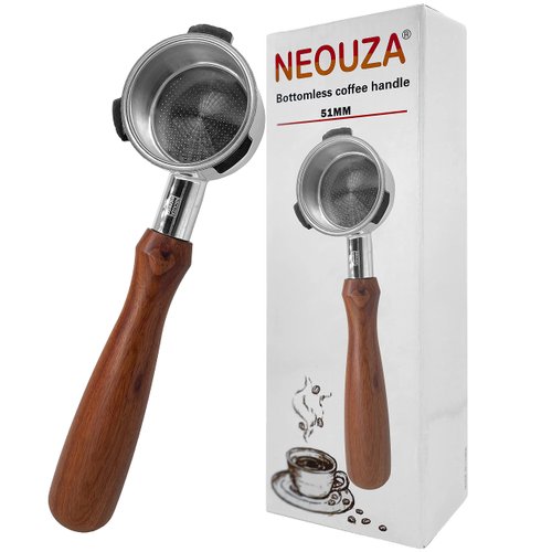 NEOUZA 51mm Bottomless Portafilter Compatible with Gevi,Yabano,Hamiltion Beach,Farberware,Oster Nova PrimaLatte Espresso Machines with Stainless Steel Filter Basket Wooden Handle