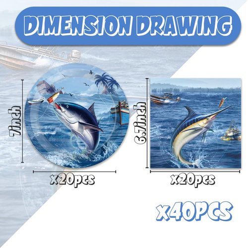 MASGY 40pcs Gone Fishing birthday Party Supplies,include 20 dessert plate, 20 Napkin,For boys and girls Gone Fishing birthday party supplies，Used for Fishing birthday Party Decoration (Gone Fishing)
