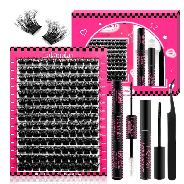 DIY Lash Extension Kit,Cluster lash Extensions Kit, 10-16mm Mix Wispy Lash Clusters, D Curl Lash Clusters Kit with Bond and Seal & Tweezer & Remover, Fluffty Lash at Home Lash Extensions Kit