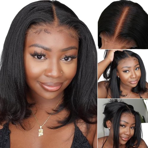 UNICE Bye Bye Knots Wig Yaki Kinky Straight Bob Wigs Human Hair Pre Bleached Invisible Knots 7x5 Lace Front Wigs Human Hair Pre Everything Glueless Wigs Pre Plucked Pre Cut Lace 10 inch