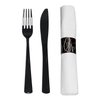 Party Essentials Party Supplies Wrapped Silverware Set Disposable, Pre Rolled Napkin and Cutlery, Forks/Knives Black, 50 Units