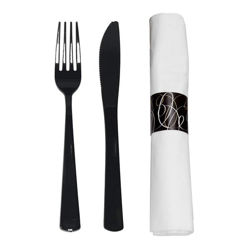 Party Essentials Party Supplies Wrapped Silverware Set Disposable, Pre Rolled Napkin and Cutlery, Forks/Knives Black, 50 Units