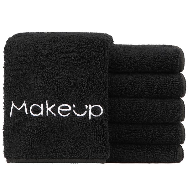 HOMEXCEL Makeup Remover Wash Cloth 6 Pack, Soft Quick Dry Facial Cleansing Makeup Towels, Fingertip Face Towel Washcloths for Hand and Make up, 13 x 13 Inch, Black