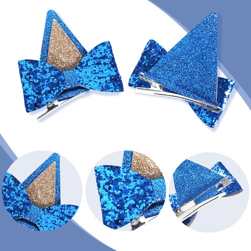 IKUHRMO Blue Ears Hair Clips, 1 Pair Glitter Hair Barrettes for Toddler Girls Birthday Decorations Halloween Costume Cosplay Accessories Party Supplies (Blue)