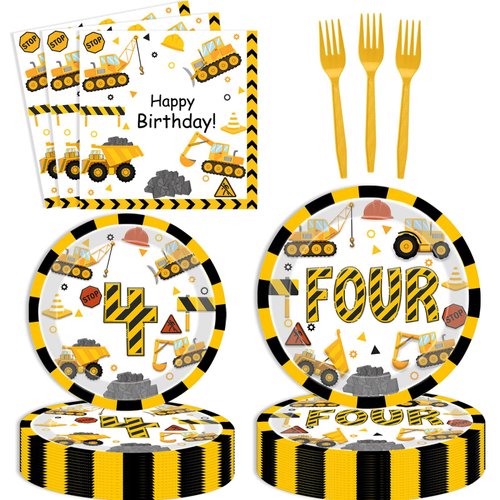 Letromp 80 Pcs Construction 4th Birthday Decorations Construction Four Years Old Disposable Paper Dinner Plates Napkins Forks Dinnerware for Dump Truck Theme Fouth Bday Party Supplies Decorations