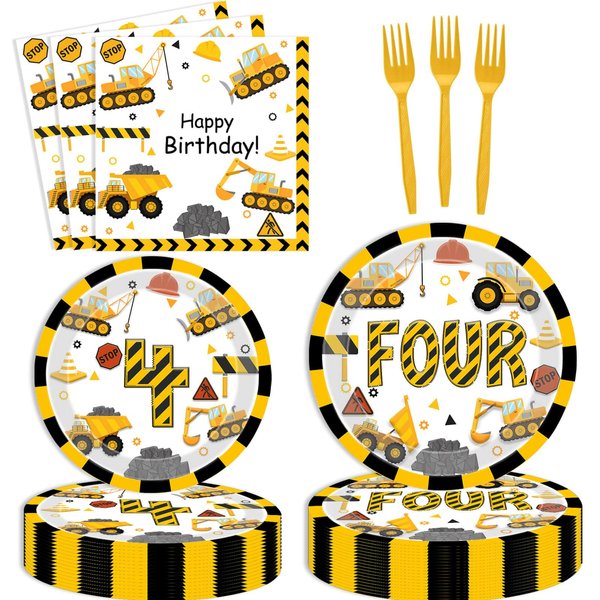 Letromp 80 Pcs Construction 4th Birthday Decorations Construction Four Years Old Disposable Paper Dinner Plates Napkins Forks Dinnerware for Dump Truck Theme Fouth Bday Party Supplies Decorations