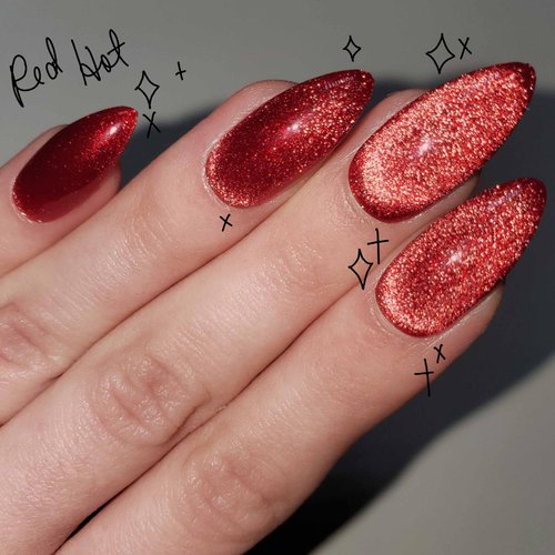 GLAMERMAID Red Magnet Cat Eyes Press on Nails Short Almond, Christmas Aurora Handmade Gel Fake Nail Kit, Ombre Rouge Glitter Magnetic Glue on Nail Stiletto, Scarlet Stick on False Nail Set for Women