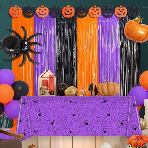 Halloween Party Decoration, Including 2 Pack Halloween Foil Fringe Curtains, 1 Pack Halloween Spiderweb Tablecloth & 1 Pack Halloween Party Pumpkin Garland Banner, for Halloween Party Supplies Decor