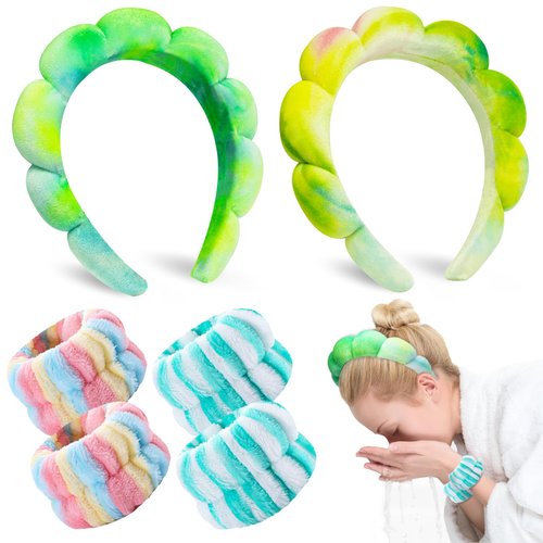 2 Sets of Headband and Wristband, Colorful Makeup Headband Bubble Soft Puffy Cloud Headwear, Absorbent Water wristband, wrist hair band, face wash wristband for Washing&Makeup