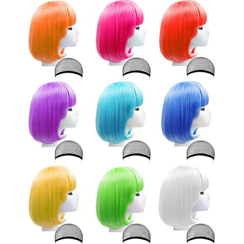 LOHO WONDERZ 9 Pieces Short Bob Hair Wigs Candy Colored Costume Cosplay Wigs Daily Party Hairpiece for Women Girls - Bachelorette Party Decorations, Favors, Supplies