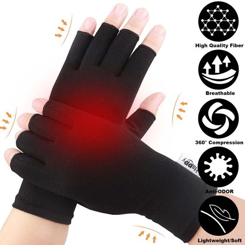 2 Pairs Arthritis Compression Gloves for Arthritis, Rheumatoid, Carpal Tunnel Pain, Driving, Typing Fingerless Gloves For Women Men, Support Hand, Wrist and Joint (Pure Black, Small)