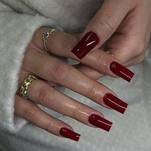 KQueenest Dark Red Press On Nails Medium Long Square Nails Press Ons Gloss, More Burgundy Long Fake Nails For Women Daily Wear, Thick Acrylic Stick on Nails False Nails Set, 24 Pcs