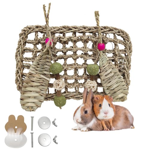 Hamiledyi Rabbit Seagrass Mat Hanging Bunny Chew Toys for Teeth Rabbit Enrichment Activity Mat Small Animal Toys for Guinea Pigs Chinchillas Gerbils Birds