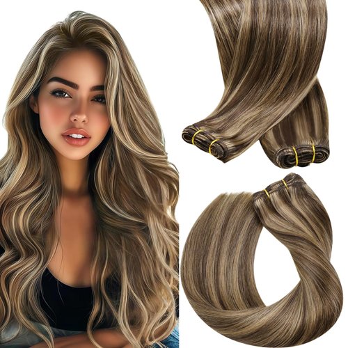 Sunny Weft Hair Extensions Human Hair Brown Sew in Extensions Highlights Hair Wefts Human Hair Sew in Dark Brown Highlights Caramel Blonde Sew in Hair Extensions Real Human Hair 18inch 100g