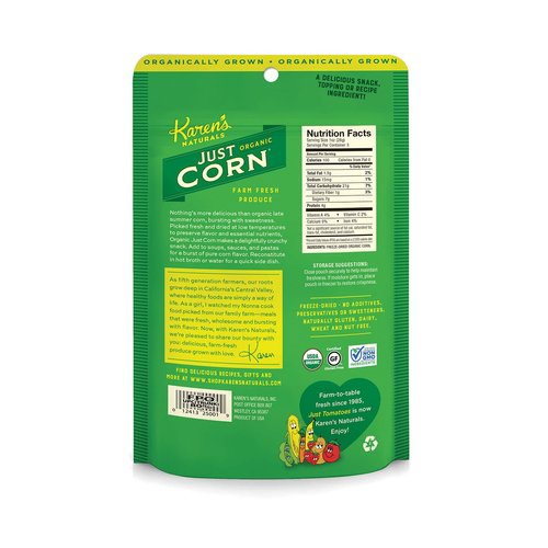 Karen's Naturals Organic Just Corn, 3 Ounce Pouch, All Natural Freeze Dried Vegetables, Keto, Vegan, Gluten Free, Healthy Dried Veggie Snacks with No Additives or Preservatives, Dairy Free, Non-GMO