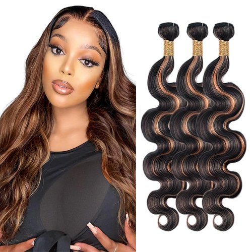 P1B/30 Bundles Human Hair Highlight Brown Body Wave Bundles 12 14 16 inch Highlight Brown Human Hair Bundles Brazilian Virgin Remy Hair Extensions Two Tone Black Mixed With Brown Bundles Human Hair