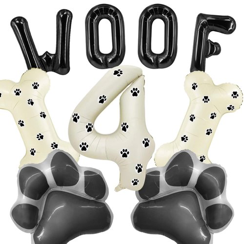 Dog Theme Balloons - 4th Dog Birthday Party Decorations, 40 Inches Number 4 Foil Balloons, Paw and Bone Balloons, WOOF Letter Balloons, Paw Prints Stickers for Pet Kids Dog Birthday Party Supplies