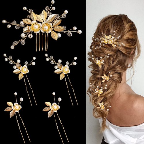 5 Pieces Gold Leaf Hair Pins Flower Pearl Hair Forks Bridal Hair Clips Headpiece Vintage Wedding Hair Accessories for Women Girls Brides Bridesmaids Flower Girls(Classic)