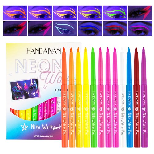ZHISHUDL 12PCS Neon Liquid Eyeliner Set Colorful Eyeliner Matte Eyeliner Liquid Liner UV Glow Liquid Eyeliner Pencil High Pigmented Colored Eye Liner for Halloween Neon Rave Party Makeup