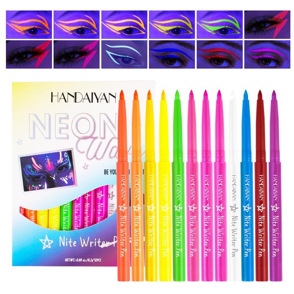 ZHISHUDL 12PCS Neon Liquid Eyeliner Set Colorful Eyeliner Matte Eyeliner Liquid Liner UV Glow Liquid Eyeliner Pencil High Pigmented Colored Eye Liner for Halloween Neon Rave Party Makeup