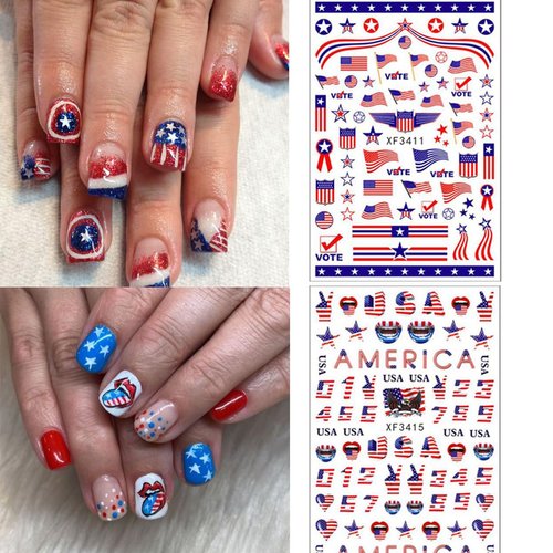 8 Sheets 4th of July Nail Art Stickers Red Blue White 3D Self-Adhesive Nail Decals American Flag Designs Nail Decoration Independence Day Nail Stickers Holiday DIY Nail Accessories for Women