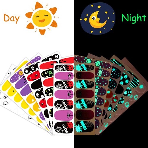TailaiMei 12 Sheets Glow in The Dark Halloween Nail Wraps Stickers, Fluorescent Nail Polish Strips Self-Adhesive Full Wraps with 2 pcs Nail Files for DIY Nail Art Decals (Dark Style)