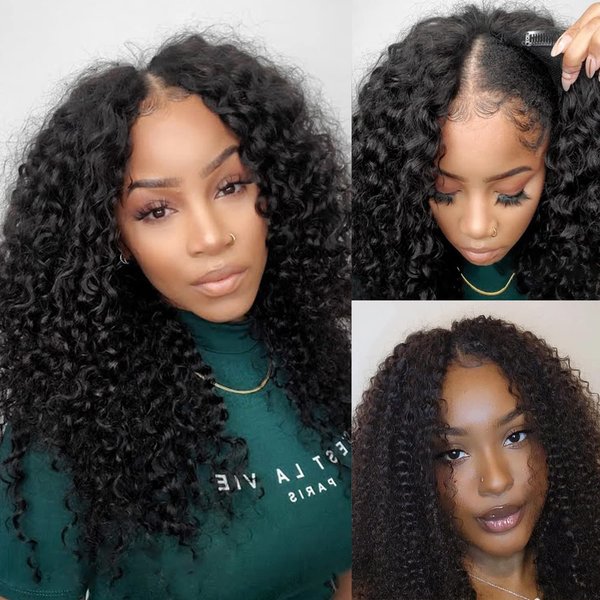 V SHOW 20 Inch V Part Deep Wave Human Hair Wigs Glueless for Women V Part Wig Human Hair No Leave Out Curly Wave Upgrade U Part Wigs 150% Density 20inch Natural Black Color
