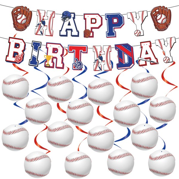 Rakuto Baseball Birthday Party Decorations - 18PCS Baseball Happy Birthday Banners Baseball Hanging Swirls Party Decorations Baseball Party Decorations Blue and Red Baseball Party Supplies Kids Boys