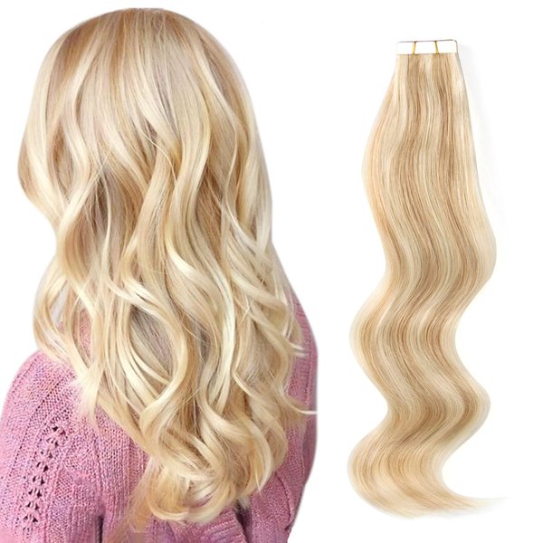 ABH AmazingBeauty Hair Highlights Tape in Hair Extensions Real Remy Human Hair 50g 20pcs Pre Taped Sun Kissed Skin Weft, Invisible, Seamless, Dark Dirty Blonde with Platinum Ash Blonde P12-60, 18 Inch