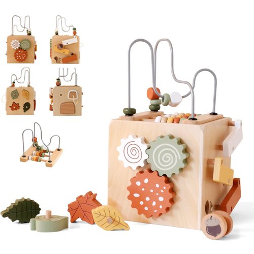 RORLAND 5in1 Wooden Activity Cube Play Center,Montessori Toys for Toddlers 1-3,Busy Cube for Kids,Leaves Shape Matching Sorter,Beads Maze,Counting,Slide Rail,Babies Early Educational Learning Gift